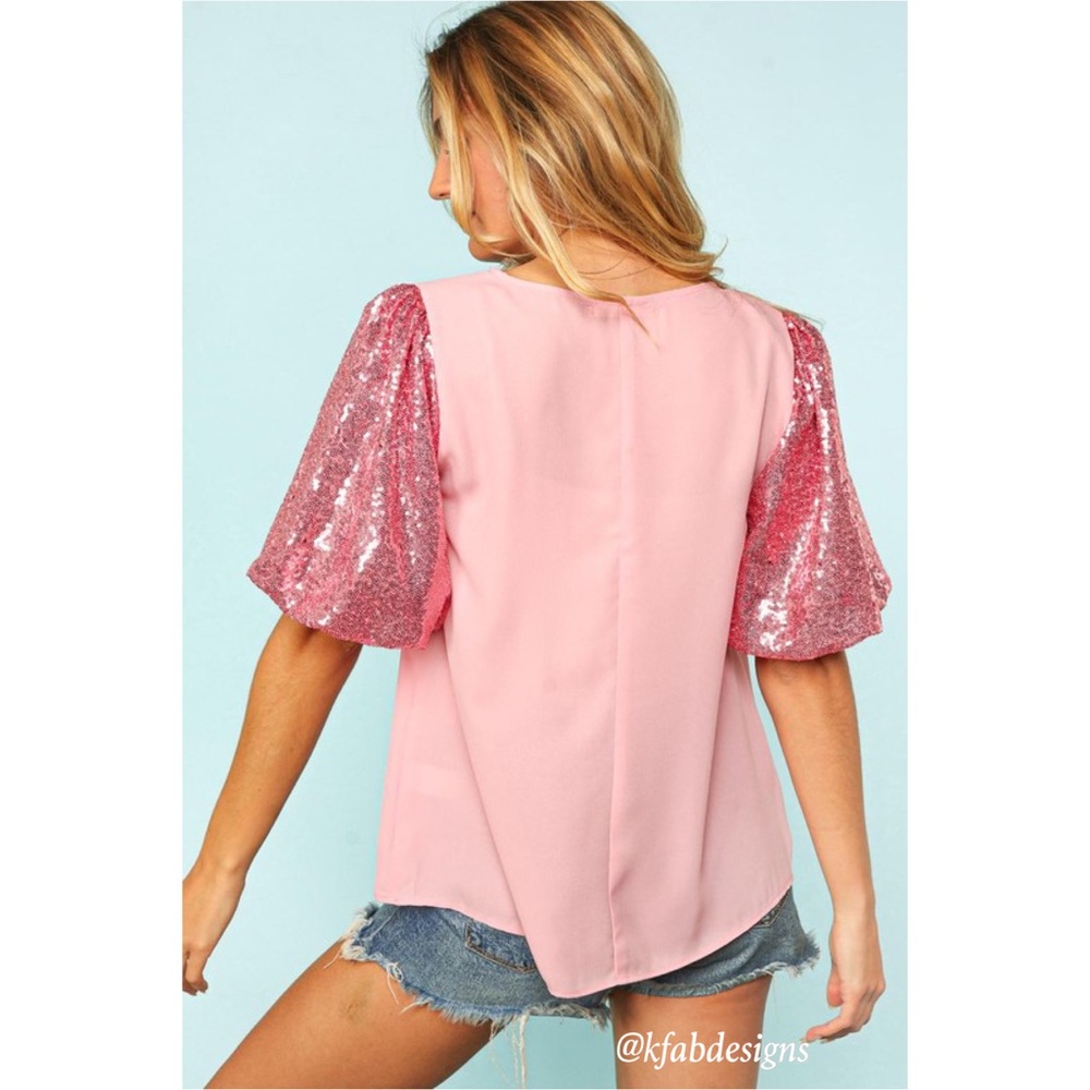 LAST 1! Bubble Gum Pink Puff Sequined Sleeve (Lined Sleeve) Top! - Picture 8 of 10